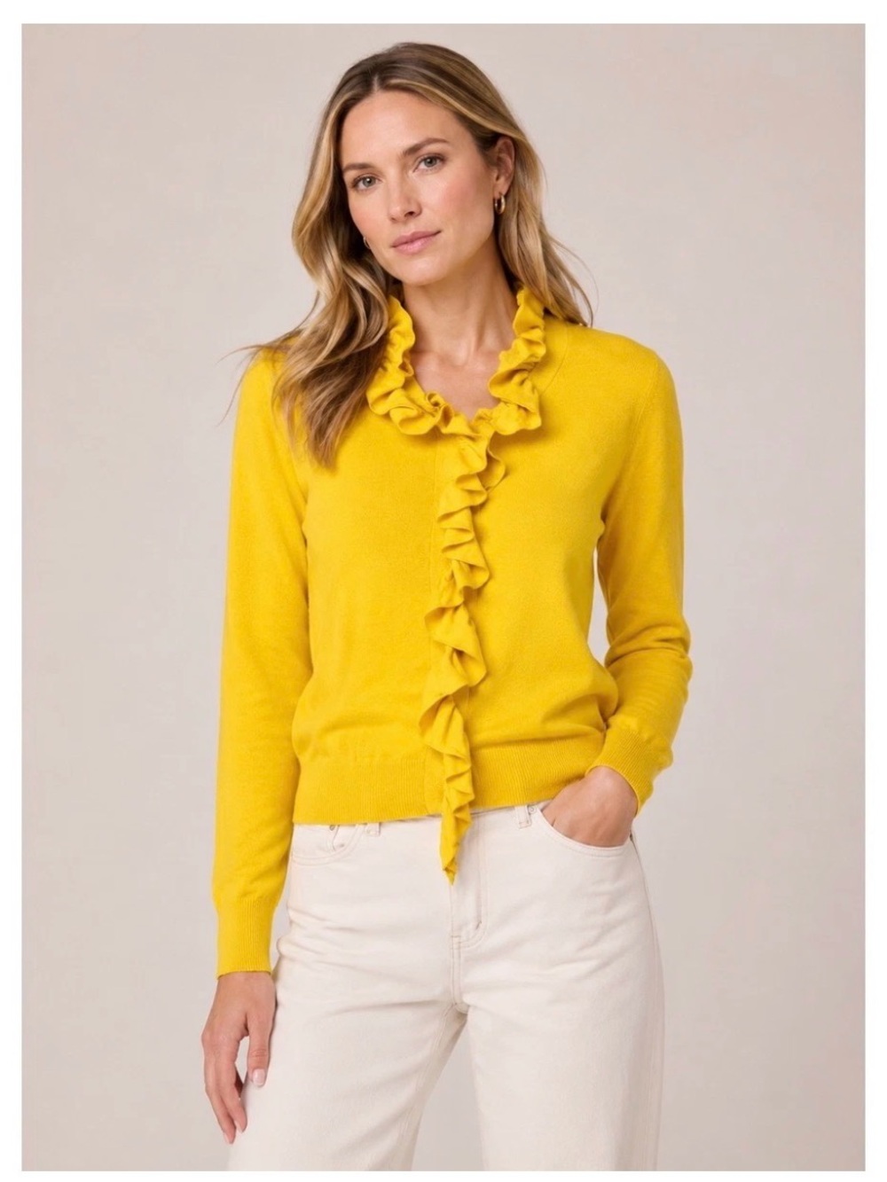 J.CREW 100% Merino Wool Cardigan Sweater S Mustard Yellow Ruffle Trim Preppy